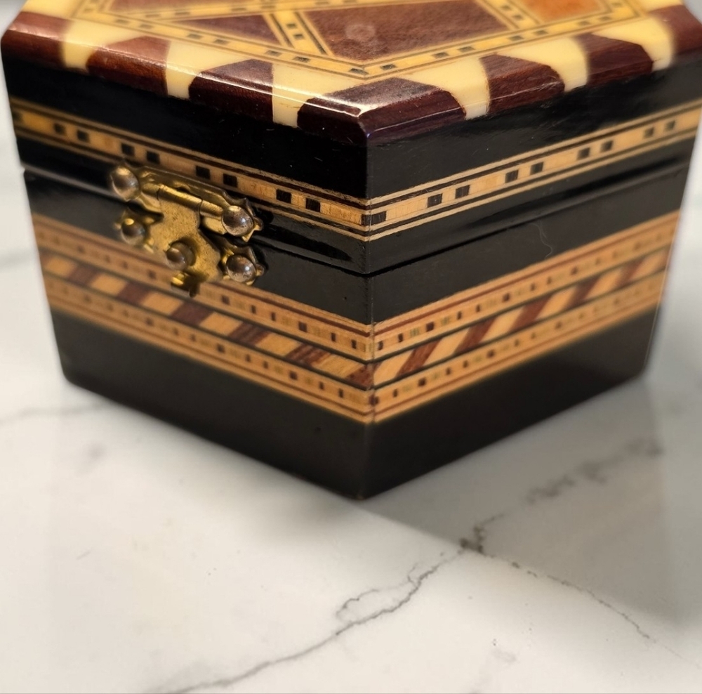 Hexagonal Wooden Jewelry Box with Red Velvet Interior - Picture 3 of 5